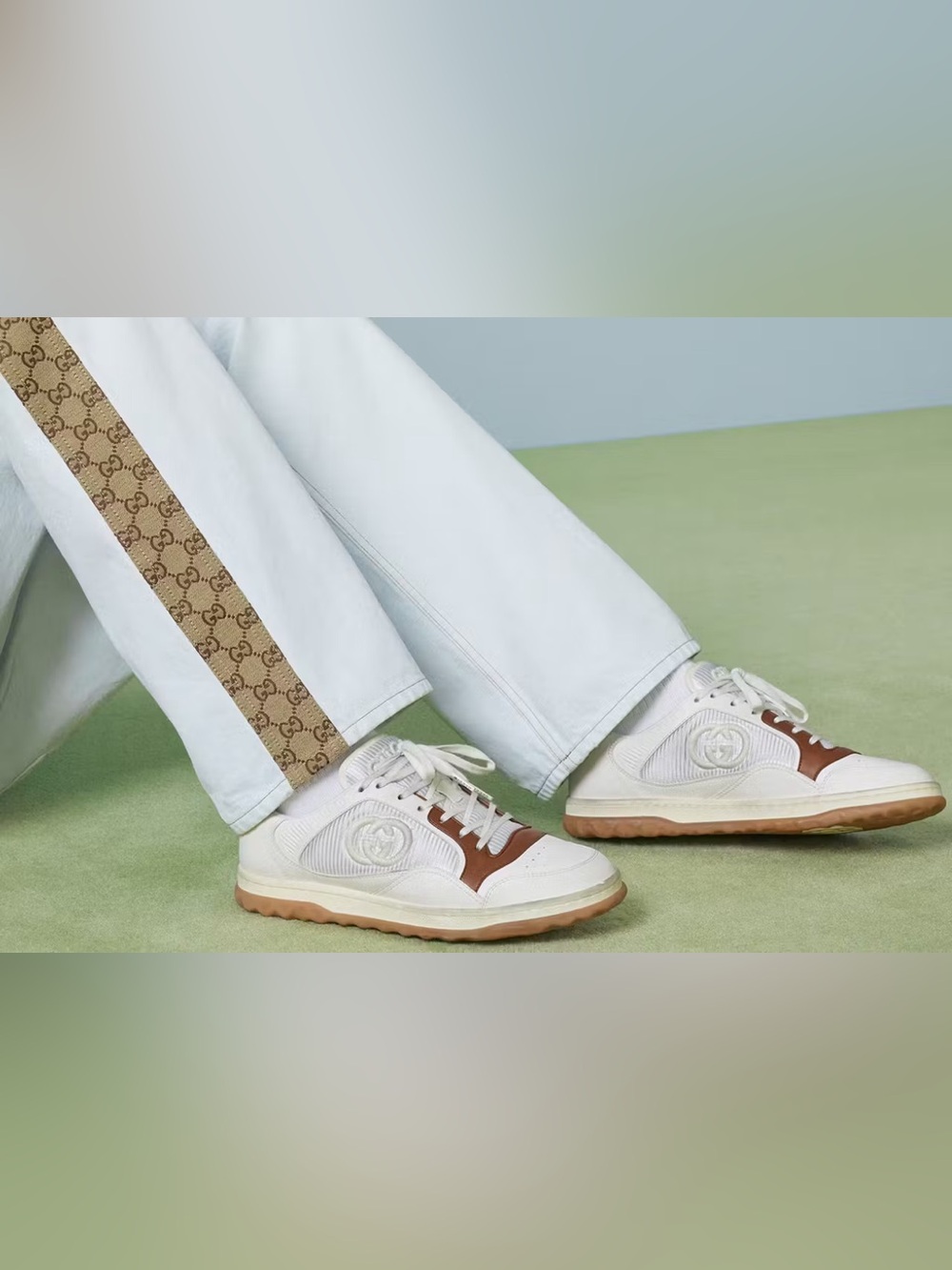 GUCCI Unisex MAC80 Sneakers Off White Brown Size US 7.5 Canvas Leather